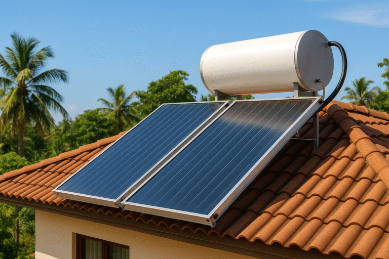 Illustration showing how solar water heaters save energy by using sunlight to heat water efficiently and reduce electricity costs