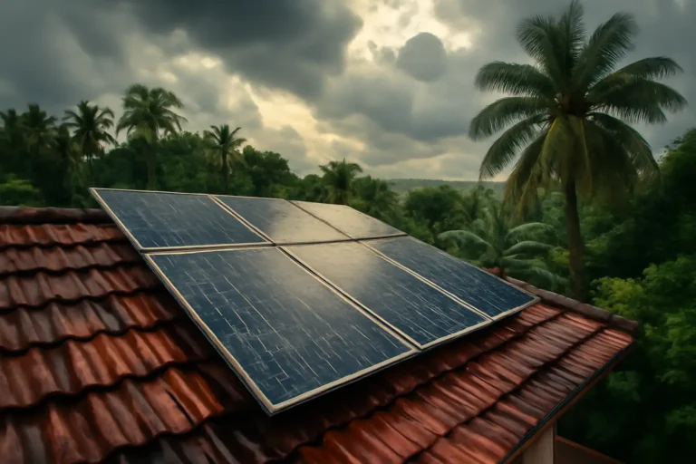 How long a solar panel last in Kerala climate, showing rooftop panels withstanding monsoon rains, humidity, and tropical sunlight.