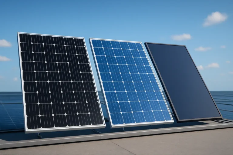 Different types of solar panels installed on a modern rooftop under bright sunlight, illustrating efficiency variations between monocrystalline, polycrystalline, thin-film, and bifacial panels.