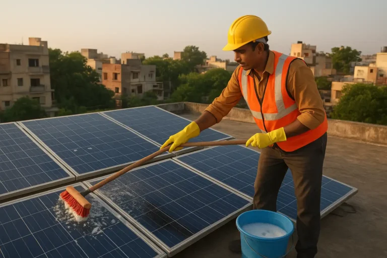 Person cleaning rooftop solar panels using soft brush and mild soapy water during early morning