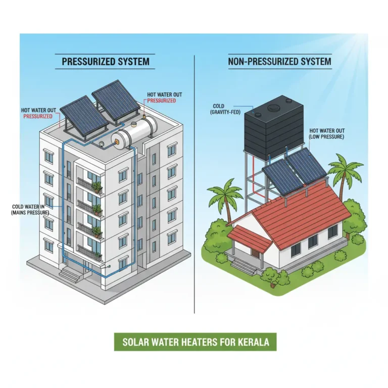 Comparison between pressurized and non-pressurized solar water heaters showing tank systems, solar collectors, and installation types for homes.