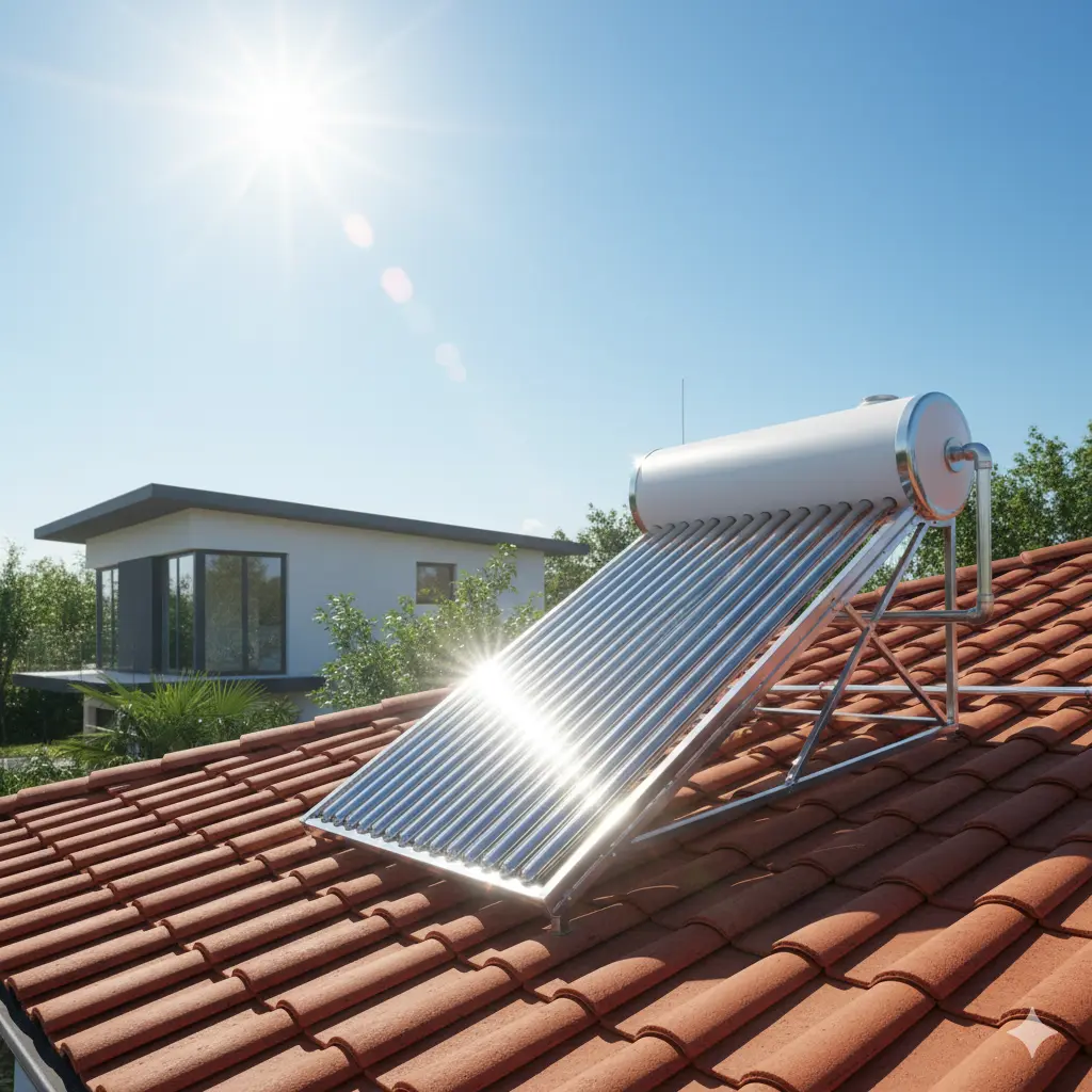 Solar water heater working – rooftop solar panels heating water with sunlight for residential and commercial use