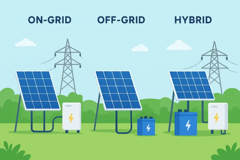 Illustration showing On-grid, Off-grid, and Hybrid Solar System with solar panels, batteries, and grid connection comparison