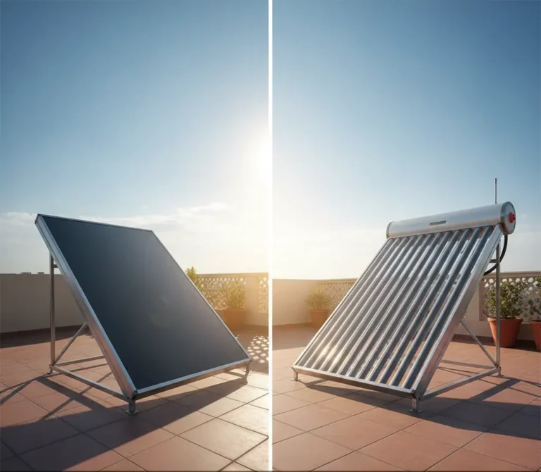 Comparison of FPC Solar Water Heater and ETC Solar Water Heater on rooftop — flat plate vs evacuated tube design.