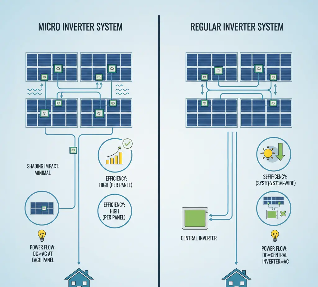 Difference between micro inverter and regular inverter in solar energy systems by Neal Solar, the leading solar energy company in Kerala