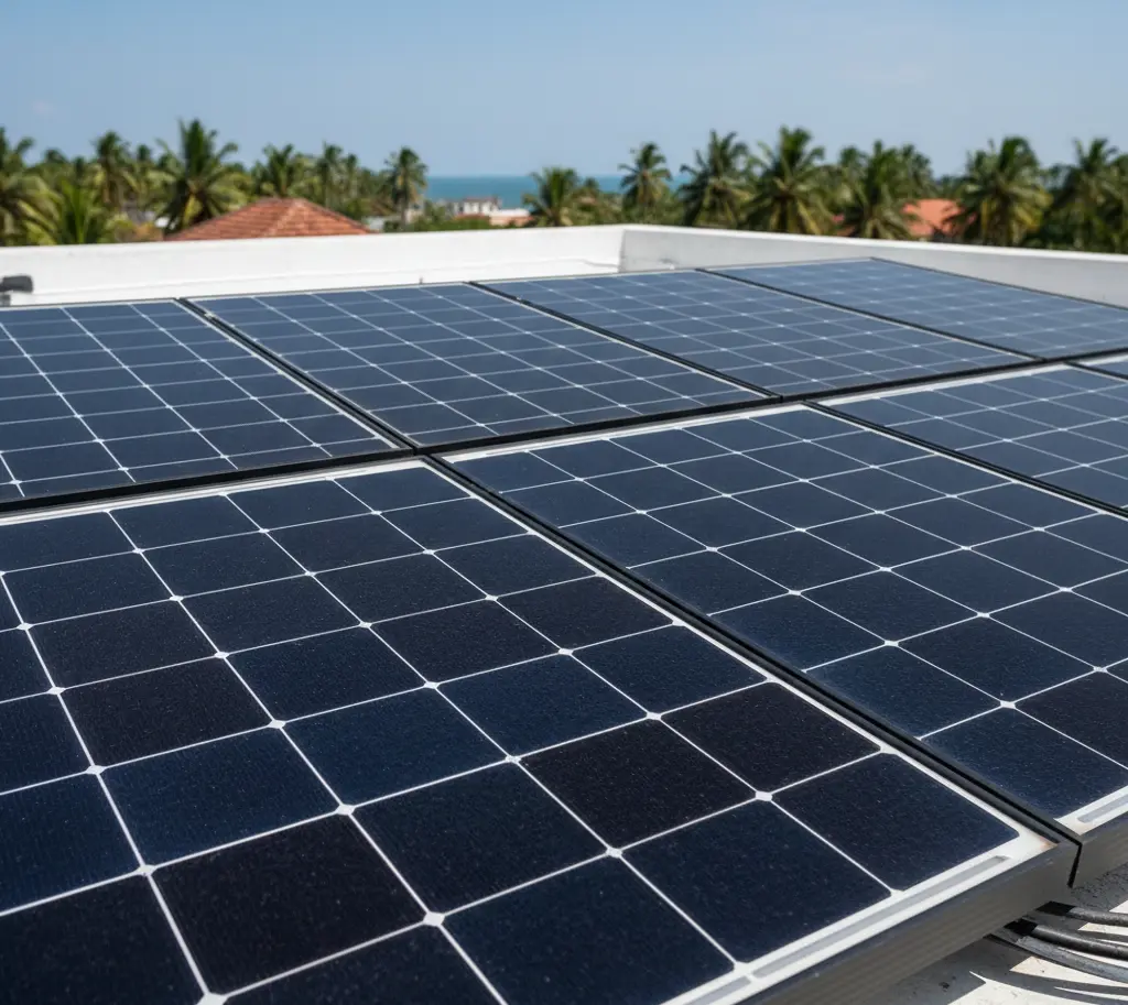 A high-efficiency rooftop installation showing black monocrystalline solar panels and their distinct cellular structure.