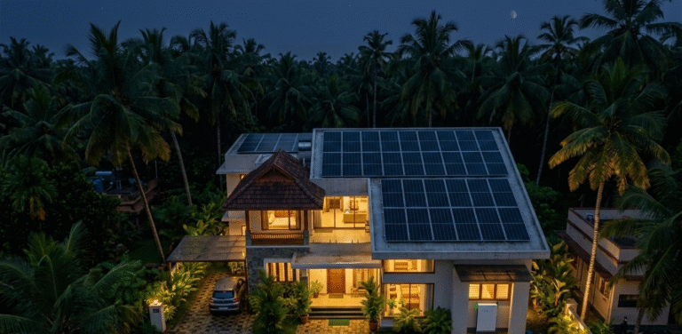 Can solar panels work at night with hybrid inverter and battery backup system in Kerala home