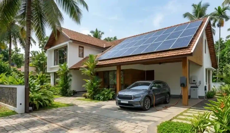 Modern home in Kerala utilizing how hybrid solar systems support EV charging at home